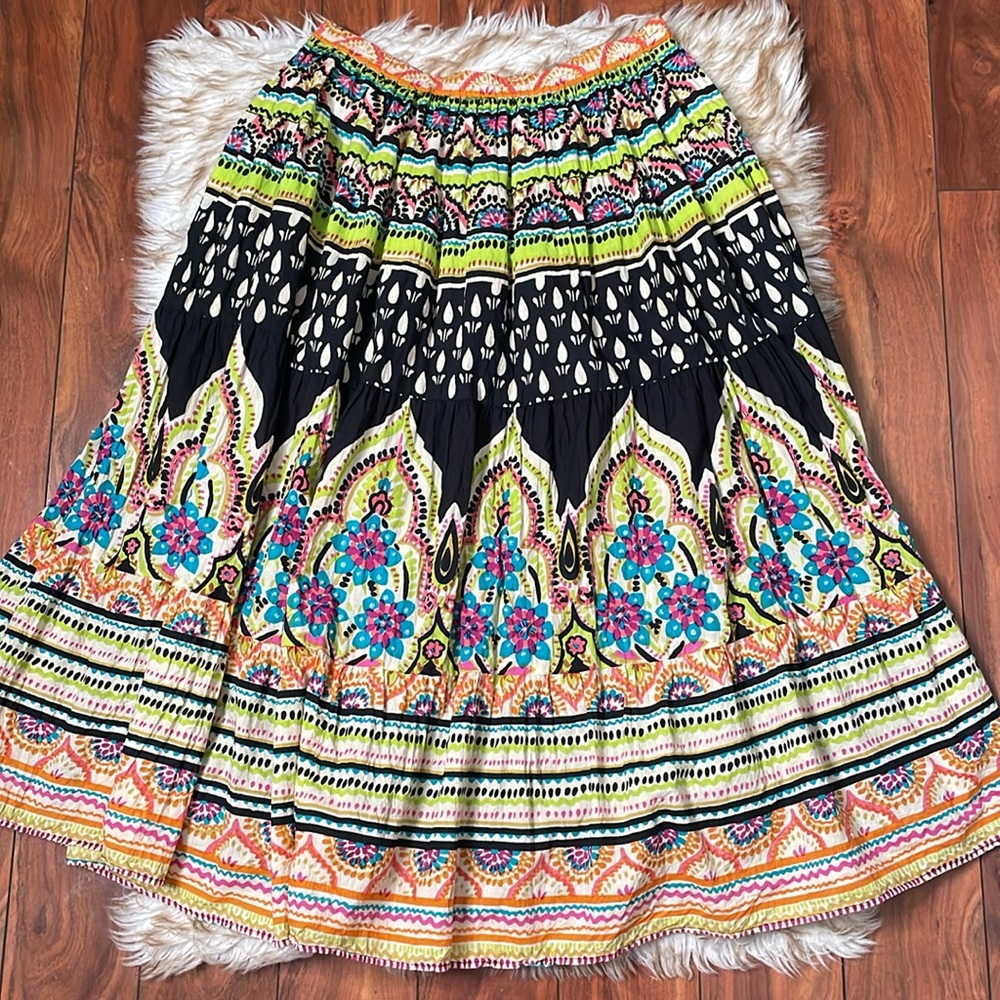 Soft Surroundings Black Maxi Skirt with Neon Floral Print